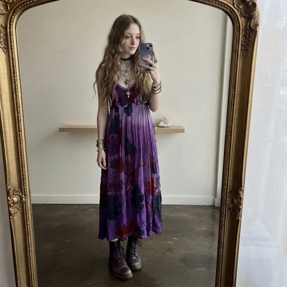 MKY Purple Floral Ombre Whimsigoth Maxi Dress S Smocked Back NEW Fairy Grunge
